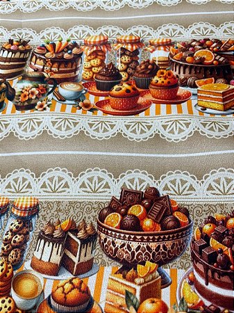 Tecido Tricoline Digital com 10 Faixas de Bolos, Cupcakes e Cookies com Chocolates e Laranjas 100% Algodão