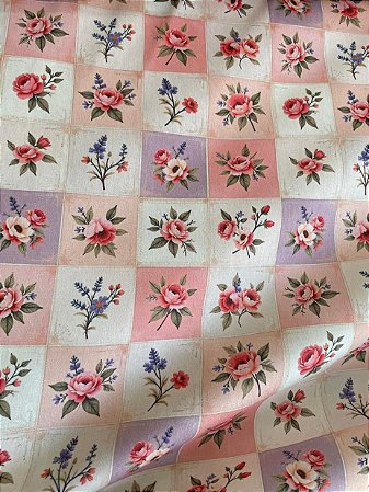 Tecido Tricoline Estampa de Buquês de Rosa sobre Quadros em Tons Claros 100% Algodão