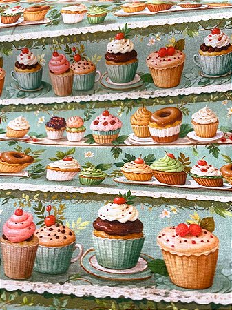 Tecido Tricoline Estampa de Cupcakes sobre Fundo Verde Folha 100% Algodão