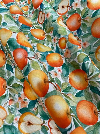 Tecido Tricoline Estampa de Peras e Maçãs 100% Algodão