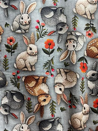 Tecido Tricoline Estampa 3D de Coelhinhos e Flores sobre Fundo Xadrezinho de Azul 100% Algodão
