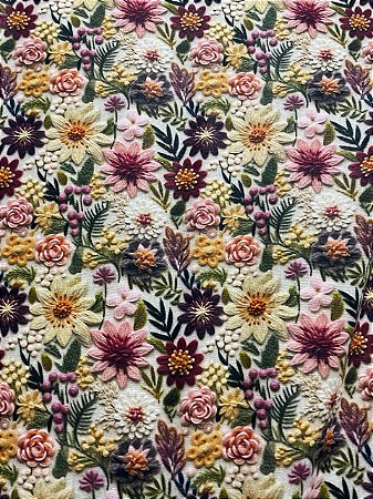 Tecido Tricoline Estampa 3D de Flores Bordadas 100% Algodão