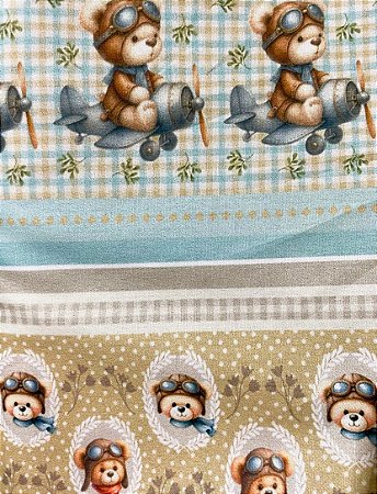 Tecido Tricoline Estampa de Ursinhos Aviadores 100% Algodão