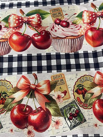 Tecido Tricoline 10 Faixas de Cerejas, Laços e Flores 100% Algodão