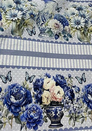 Tricoline Digital 10 Faixas de Buquês, Jarras e Flores em Tons de Azul e Branco 100% Algodão