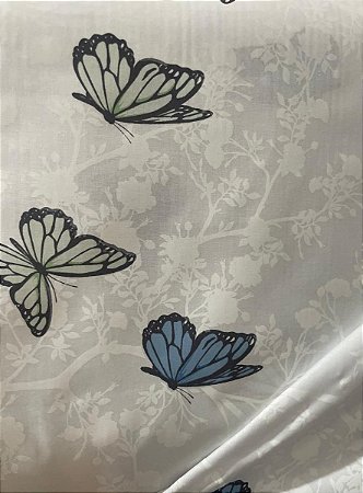Tecido Percal 200 Fios Estampa de Borboletas sobre Floral Branco no Branco 100% Algodão 2,50 m de Largura