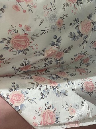 Tecido Percal 200 Fios Estampa de Rosas sobre Branco 100% Algodão 2,50 m de Largura