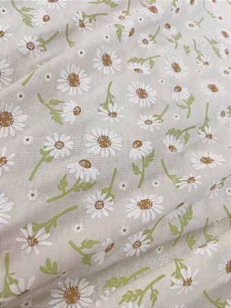 Tecido Tricoline Estampa de Margaridas Brancas sobre Fundo Pérola 100% Algodão