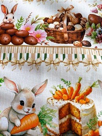 Tecido Tricoline de Faixas de Coelhinhos da Páscoa com Ovinhos, Bolos de Cenoura e Chocolate