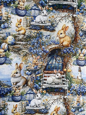 Tecido Tricoline Estampa de Coelhinhos da Páscoa no Jardim de Flores Azuis 100% Alg.