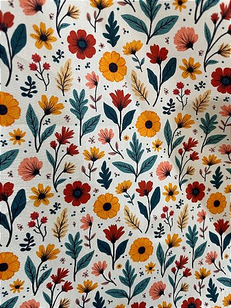 Tecido Tricoline Estampa de Flores do Campo Vermelhas e Alaranjadas 100% Algodão