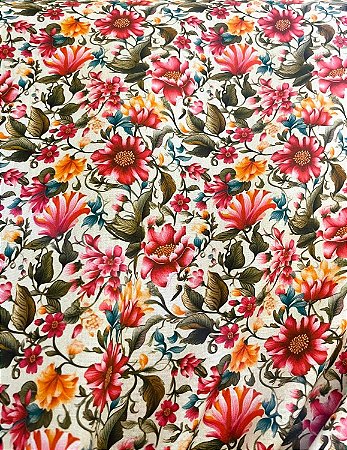 Tecido Tricoline Digital Estampa com Flores Rosa Escuro e Amarelas e Folhas Verde Oliva 100% Algodão