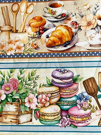 Tecido Tricoline Digital com 10 Faixas de Café, Croissants, Bolos e Flores 100% Algodão