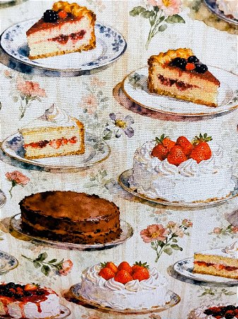 Tecido Tricoline Estampa Digital de Tortas e Bolos sobre Toalha Vintage 100% Algodão