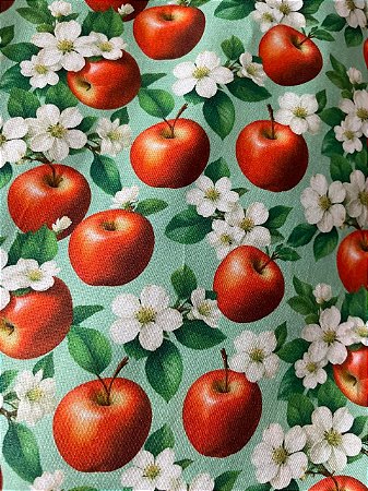 Tecido Tricoline Estampa Digital de Maçãs e Flores Brancas 100% Algodão