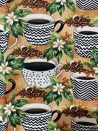 Tecido Tricoline Digital Estampa de Xícaras de Café sobre Fundo Bege 100% Algodão
