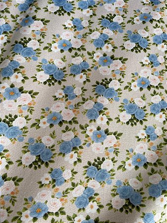 Tecido Tricoline Estampa de Buquês de Rosinhas Azuis e Brancas sobre Fundo Bege Claro 100% Algodão