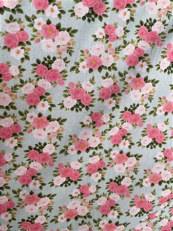 Tecido Tricoline Estampa de Buquês de Rosinhas sobre Fundo Verde Malva 100% Algodão