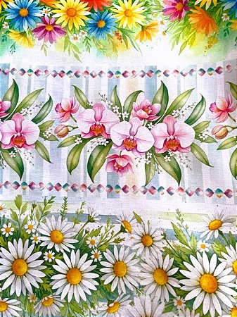 Tecido Tricoline com 10 Faixas de Estampa de Rosas, Margaridas Coloridas e Boca-de-leão 100% Algodão