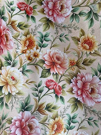 Tecido Tricoline Estampa de Flores em Tons de Bege e Rosa sobre Fundo Bege 100% Algodão