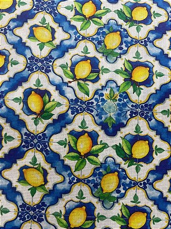 Tecido Tricoline Estampa de Azulejos Decorados com Limão Siciliano 100% Algodão
