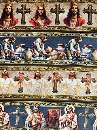 Tecido Tricoline Digital com 10 Faixas de Jesus Cristo em Cenas Bíblicas 100% Algodão