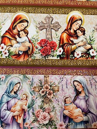 Tecido Tricoline Digital com 10 Faixas de Nossa Senhora com Menino Jesus no Colo 100% Algodão