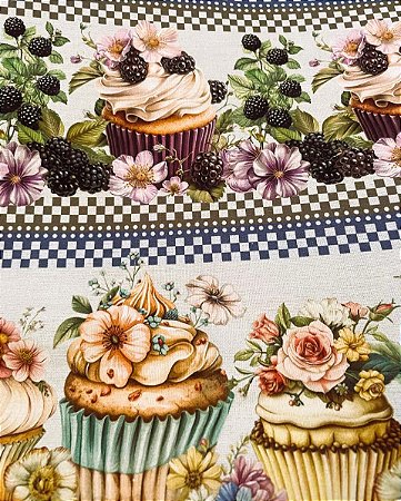 Tecido Tricoline Digital com 10 Faixas de Cupcakes, Flores, Amoras e Mirtilos 100% Algodão