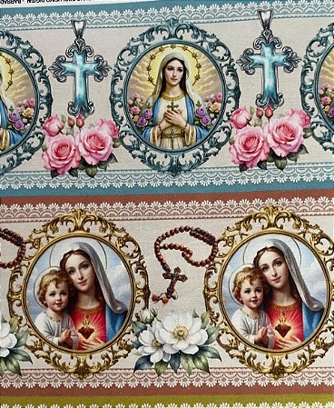 Tecido Tricoline Digital com 10 Faixas de Nossa Senhora e Menino Jesus 100% Algodão