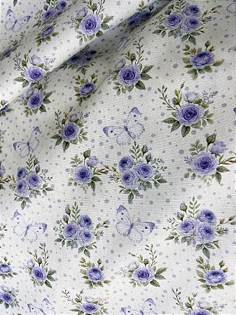Tecido Tricoline Estampa de Rosinhas e Borboletas em Verde e Lilás 100% Algodão