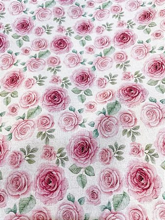 Tecido Tricoline Estampa de Rosas Cor-de-Rosa sobre Branco 100% Algodão