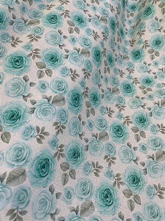 Tecido Tricoline Estampa de Rosas na Cor Tiffany sobre Branco 100% Algodão