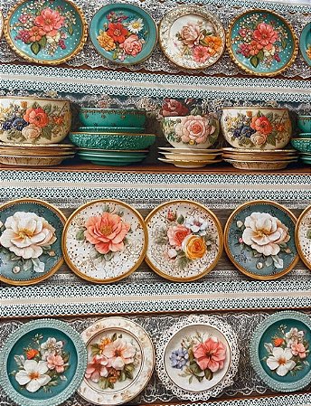 Tecido Tricoline com 10 Faixas de Estampa de Porcelana Decorada e Flores 100% Algodão