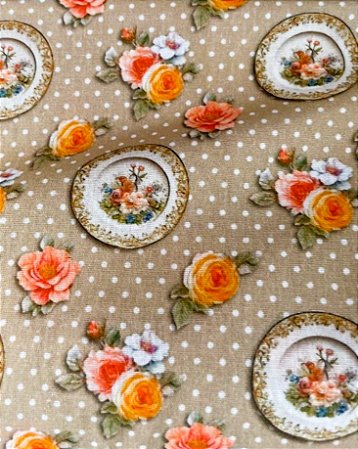 Tecido Tricoline Estampa de Porcelanas sobre Fundo Bege com Poás 100% Algodão