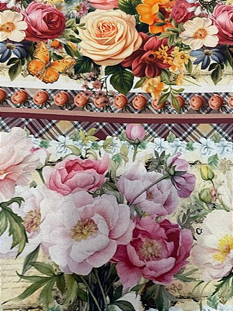 Tecido Tricoline Digital com 10 Faixas de Buquês de Rosas e Flores Diversas 100% Algodão