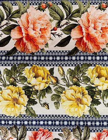 Tecido Tricoline Digital com 10 Faixas de Flores Diversas 100% Algodão