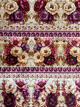 Tecido Tricoline Digital com 10 Faixas de Flores em Tons de Vinho, Lilás e Off-White 100% Algodão