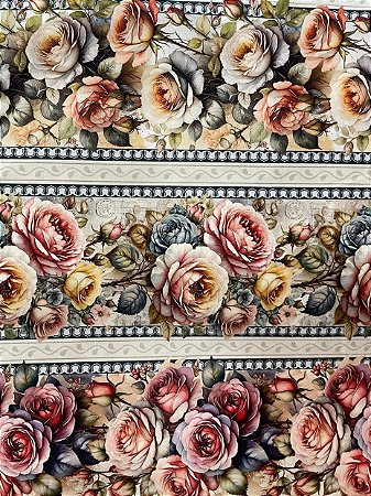 Tecido Tricoline Digital com 10 Faixas de Rosas em Tons Pastéis 100% Algodão
