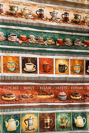 Tecido Tricoline com 10 Faixas de Xícaras de Café, Bules e Pães 100% Algodão