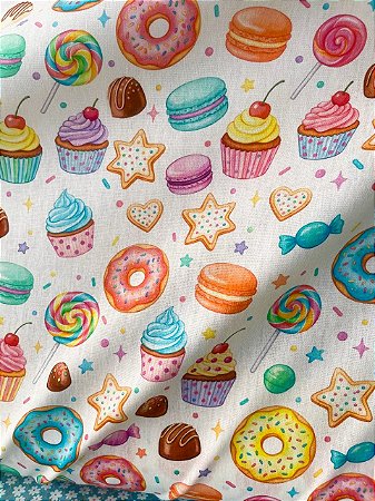 Tecido Tricoline Estampa de Cupcakes e Biscoitos 100% Algodão