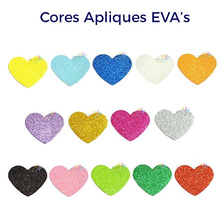 Aplique de EVA Glitter Modelo Coração Diversas Cores - Tamanho G - 50 unidades