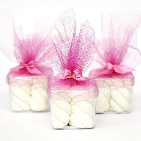 10 Caixinhas 5x5 com Lacinho e Tule Rosa + Marshmallow Fini Torção 250g Branco