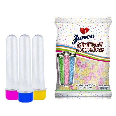 20 Tubetes 12cm tampas plásticas + Balas Coloridas Junco 500g