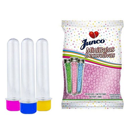 20 Tubetes 12cm tampas plásticas + Balas Sabor Morango Junco 500g