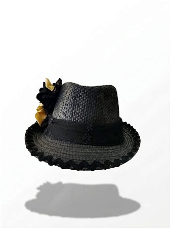 Chapéu Panamá Aba Curta Preto para Pombagira com Rosas Pretas, Rosas Pretas com Dourado e Véu Decorativo