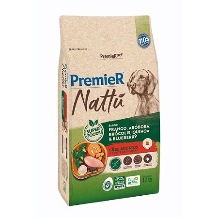 Ração Seca Premier Nattu Cães Adultos sabor Frango e Abóbora 12kg
