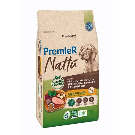 Ração Seca Premier Nattu Cães Adultos sabor Frango e Mandioca 12kg