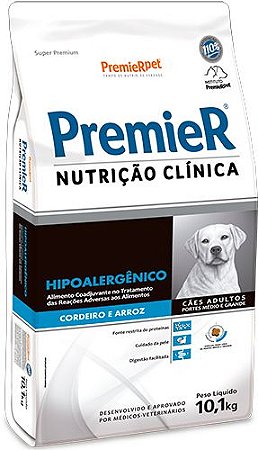 Ração Seca Premier Nutrição Clínica Porte Médio e Grande Adulto Hiporalergênico sabor Cordeiro e Arroz 10,1kg