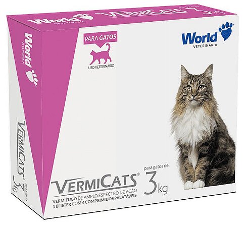 Vermífugo VermiCats Plus World 600mg para Gatos de 3kg