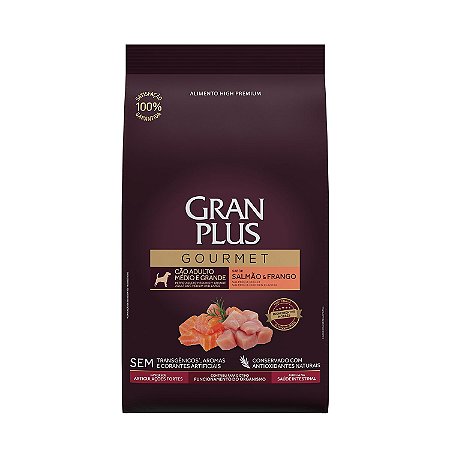 Ração Seca Gran Plus Gourmet Cães Adultos Porte Médio e Grande sabor Salmão e Frango 10,1kg